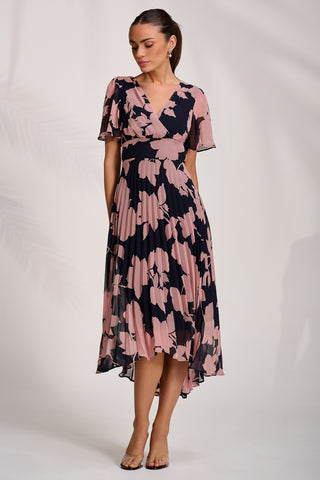 Pleated Chiffon Maxi Dress, Pink Floral