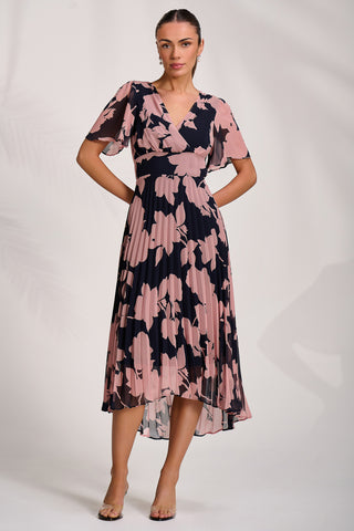 Pleated Chiffon Maxi Dress, Pink Floral