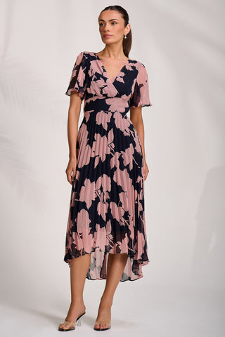 Pleated Chiffon Maxi Dress, Pink Floral