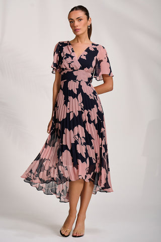 Pleated Chiffon Maxi Dress, Pink Floral