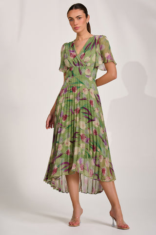 Chiffon Pleated Maxi Dress, Green Multi