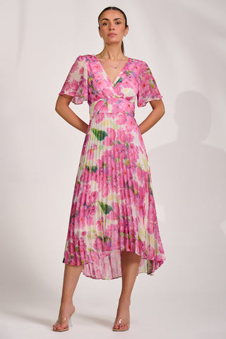 Chiffon Pleated Maxi Dress, Pink Floral