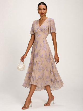 Chiffon Pleated Maxi Dress, Yellow Floral