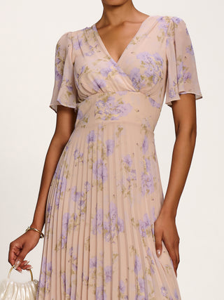 Chiffon Pleated Maxi Dress, Yellow Floral