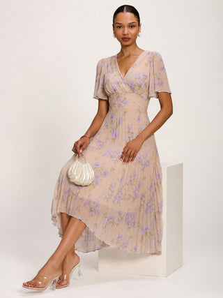 Chiffon Pleated Maxi Dress, Yellow Floral
