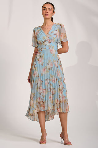 Chiffon Pleated Maxi Dress, Blue Floral Jolie Moi Wholesale Chiffon Pleated Maxi Dress, Blue Floral Jolie Moi Wholesale