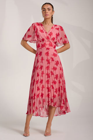 Chiffon Pleated Maxi Dress, Coral Floral