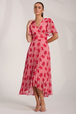 Chiffon Pleated Maxi Dress, Coral Floral