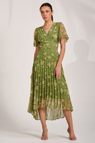 Chiffon Pleated Maxi Dress, Green Floral