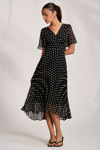 Pleated Chiffon Maxi Dress, Black Spot