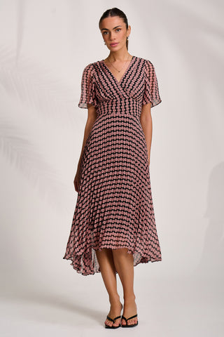 Pleated Chiffon Maxi Dress, Pink Geo