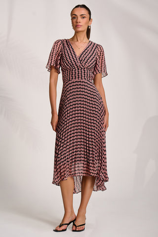 Pleated Chiffon Maxi Dress, Pink Geo