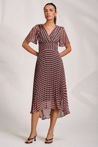 Pleated Chiffon Maxi Dress, Pink Geo