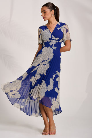 Pleated Chiffon Maxi Dress, Royal Blue Floral