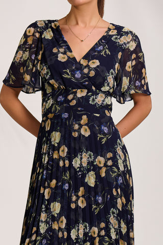 Pleated Chiffon Maxi Dress, Yellow Floral