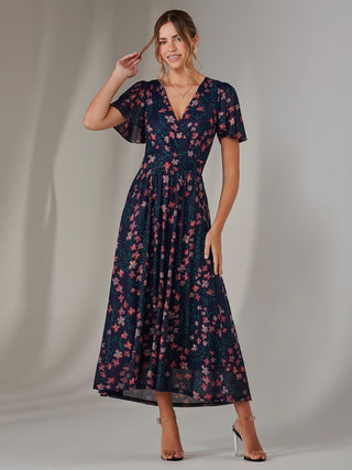 Mesh Short Sleeve Midaxi Dress, Navy Floral