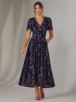 Mesh Short Sleeve Midaxi Dress, Navy Floral