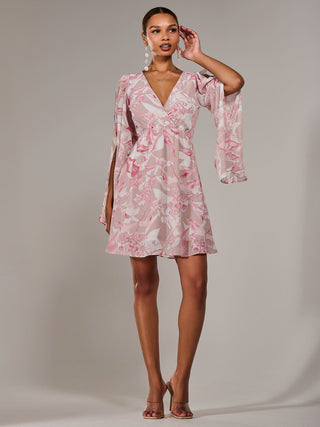 Chiffon Split Sleeve Mini Dress, Pink Floral