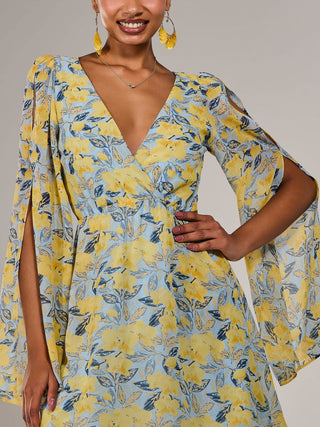 Chiffon Split Sleeve Mini Dress, Yellow Floral