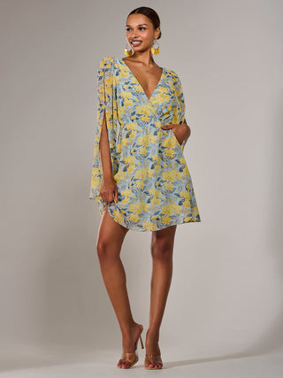 Chiffon Split Sleeve Mini Dress, Yellow Floral