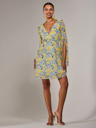 Chiffon Split Sleeve Mini Dress, Yellow Floral