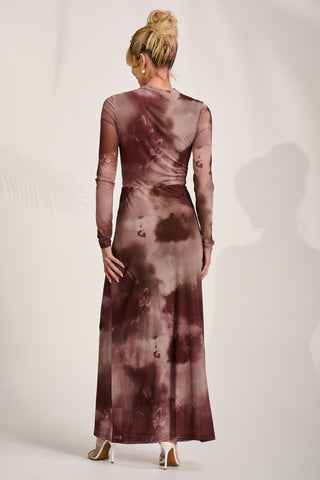 High Neck Long Sleeve Mesh Maxi Dress, Mocha Abstract