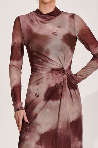 High Neck Long Sleeve Mesh Maxi Dress, Mocha Abstract