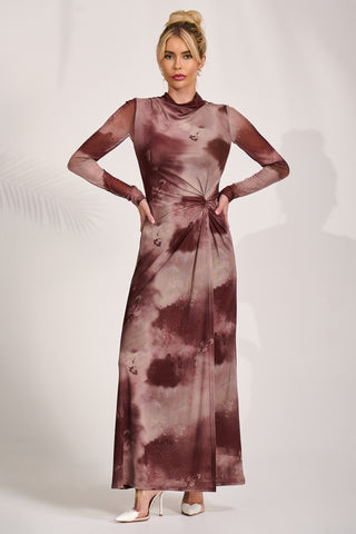 High Neck Long Sleeve Mesh Maxi Dress, Mocha Abstract