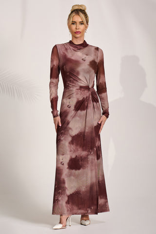 High Neck Long Sleeve Mesh Maxi Dress, Mocha Abstract