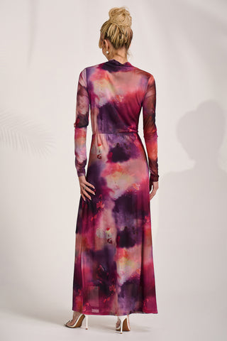 High Neck Long Sleeve Mesh Maxi Dress, Pink Abstract