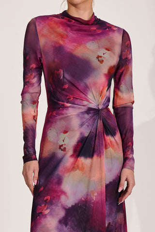 High Neck Long Sleeve Mesh Maxi Dress, Pink Abstract