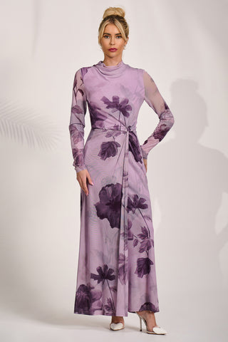 High Neck Long Sleeve Mesh Maxi Dress, Purple Floral