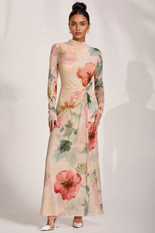 High Neck Long Sleeve Mesh Maxi Dress, Yellow Floral