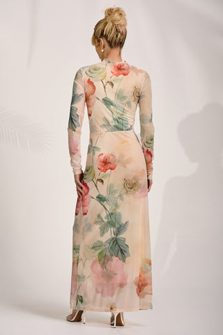 High Neck Long Sleeve Mesh Maxi Dress, Yellow Floral