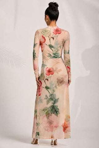 High Neck Long Sleeve Mesh Maxi Dress, Yellow Floral