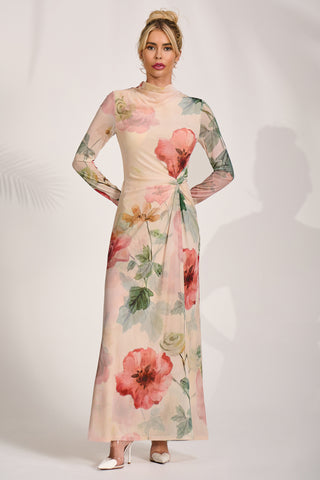 High Neck Long Sleeve Mesh Maxi Dress, Yellow Floral