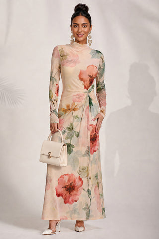 High Neck Long Sleeve Mesh Maxi Dress, Yellow Floral