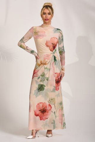 High Neck Long Sleeve Mesh Maxi Dress, Yellow Floral