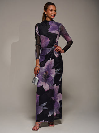 High Neck Long Sleeve Mesh Maxi Dress, Purple Floral
