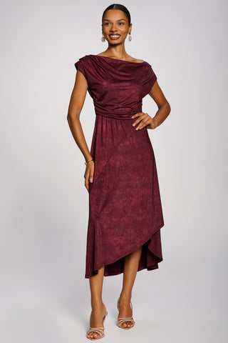Asymmetrical Drap Textured Sheen Midi Dress, Burgundy