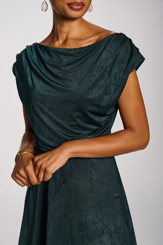 Asymmetrical Drap Textured Sheen Midi Dress, Dark Green