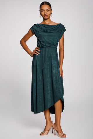 Asymmetrical Drap Textured Sheen Midi Dress, Dark Green