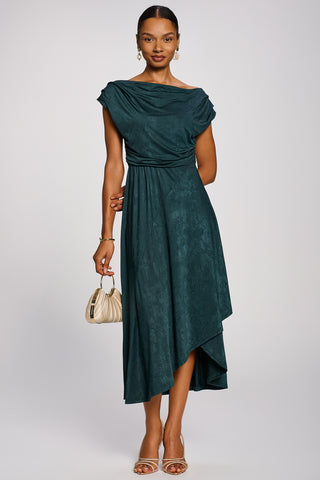 Asymmetrical Drap Textured Sheen Midi Dress, Dark Green