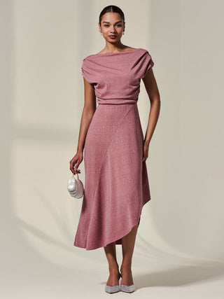 Asymmmetric Draped Midi Dress, Rosewood