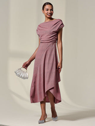 Asymmmetric Draped Midi Dress, Rosewood