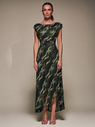 Asymmetric Draped Mesh Maxi Dress, Khaki Abstract