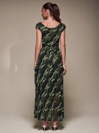 Asymmetric Draped Mesh Maxi Dress, Khaki Abstract
