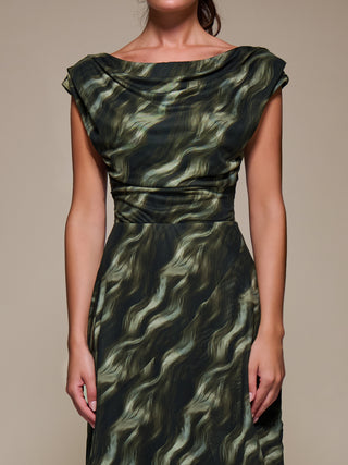 Asymmetric Draped Mesh Maxi Dress, Khaki Abstract