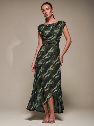 Asymmetric Draped Mesh Maxi Dress, Khaki Abstract