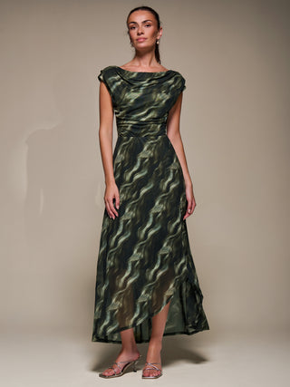 Asymmetric Draped Mesh Maxi Dress, Khaki Abstract